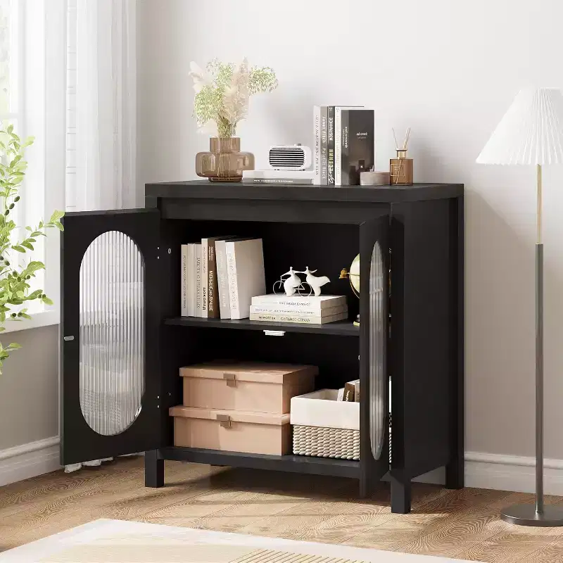 Storage cabinet with adjustable shelves, black decorative storage cabinet, suitable for living room, dining room and entryway.