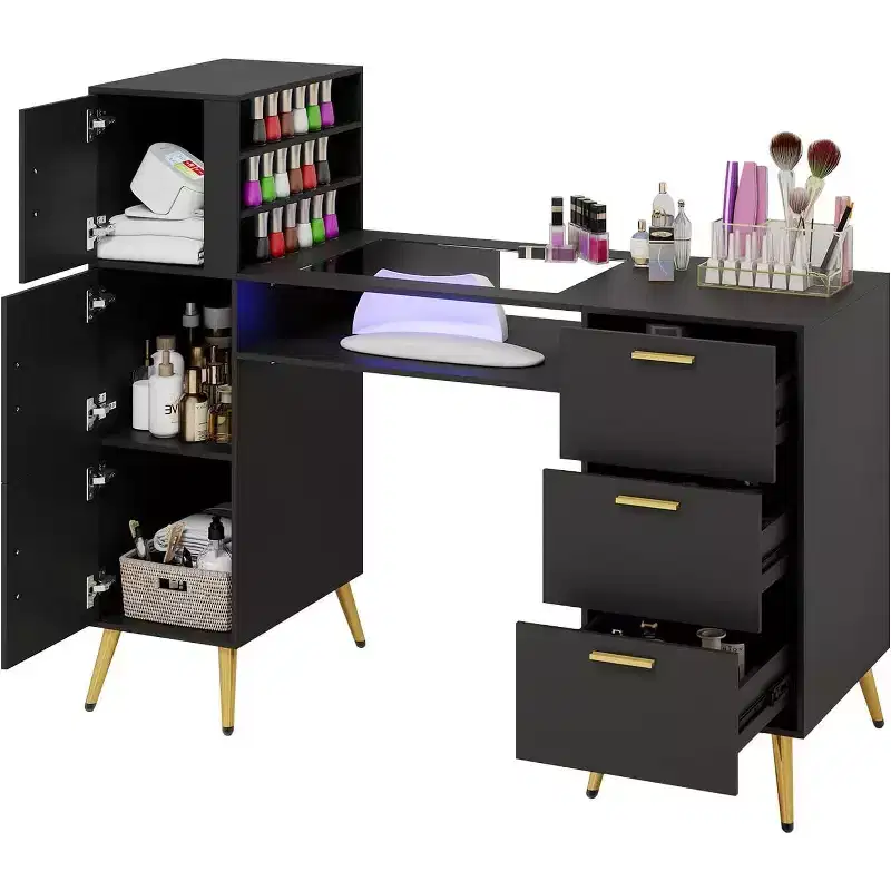 Manicure Nail Desk with Tempered Glass Top, Wrist Rest, 3 Drawers and 3 Shelves