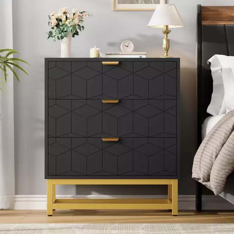 TROPOW Dresser for Bedroom, 3 Drawer Dresser with Metal Legs, Wood Dressers Chest Organizer with Wide Storage, Modern Chest