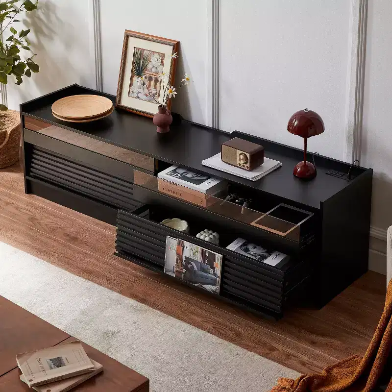 Modern TV Stand TV Console Media Console with 4 Drawer, Charging Ports and Ambient LED Lighting, Natural/Walnut/Black-Christopher Knight Home