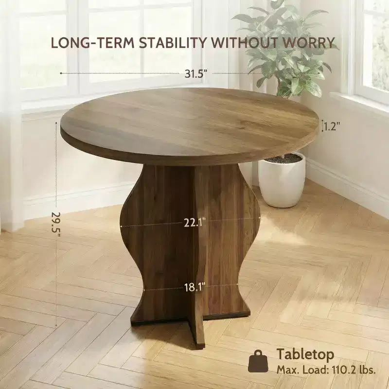 JVNOXK 31.5 Round Small Dining Table, Walnut Farmhouse Kitchen Table with Wave Pedestal, Space Saving Circle Table for Breakfast Nook, Dining Room