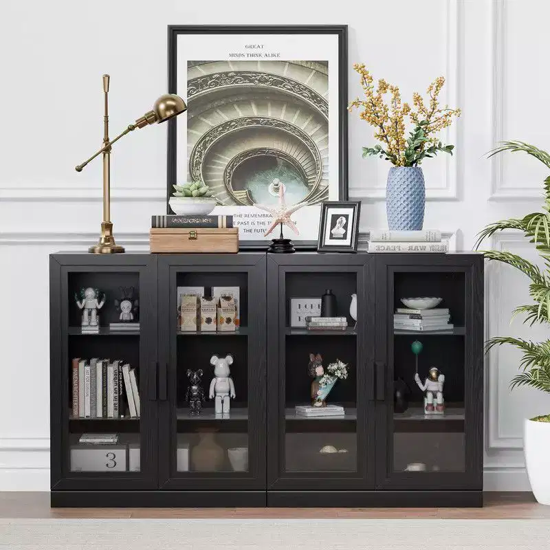 PexFix 62 W x 36 H Large Sideboard Buffet Cabinet with 4 Glass Doors 2 Adjustable Shelves for Kitchen Living/Dinning Room Bedroom Entryway Black