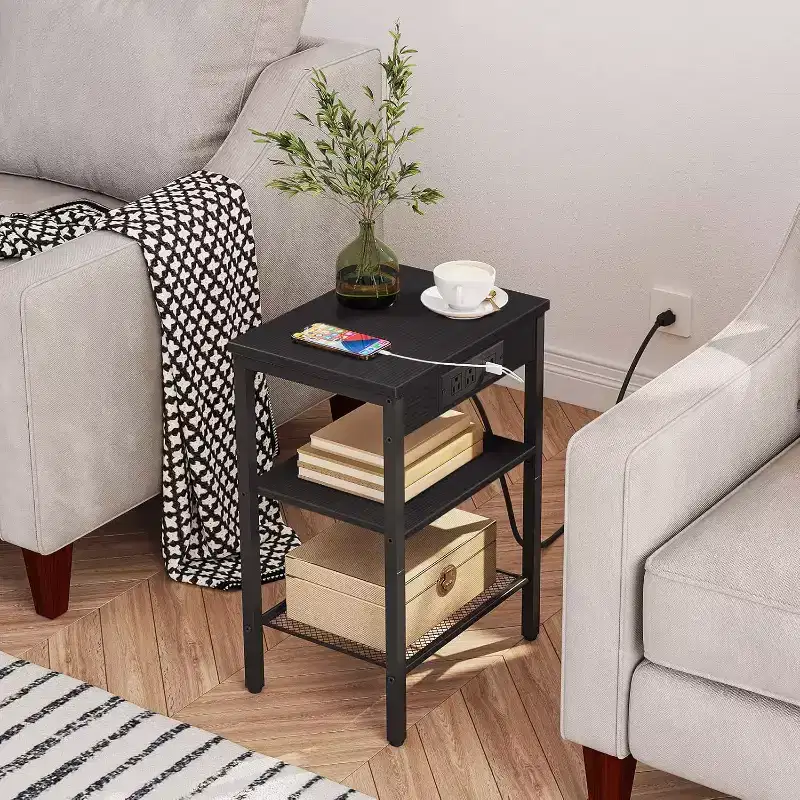 Side Table with Charging Station, 3-Tier Small End Table with Adjustable Shelf/USB/Type-C, Black Nightstand