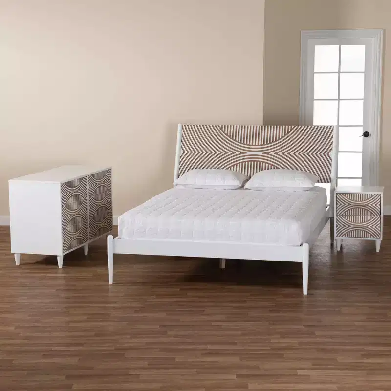 Baxton Studio Queen 3pc Louetta Carved Contrasting Bedroom Set White/Natural Brown
