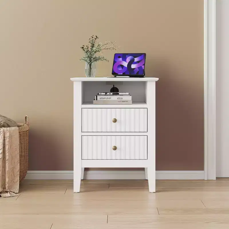 Heynemo Fluted 2 Drawer Dresser, Nightstand with Charging Station, Modern Chest of Drawers, Modern Wood Dresser with Spacious Storage, Tall End Table