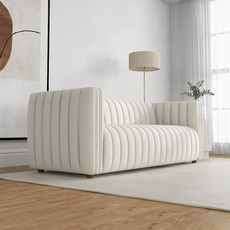 Rasam Mid Century Modern Luxury Tight Tufted Back French Boucle Couch in Cream