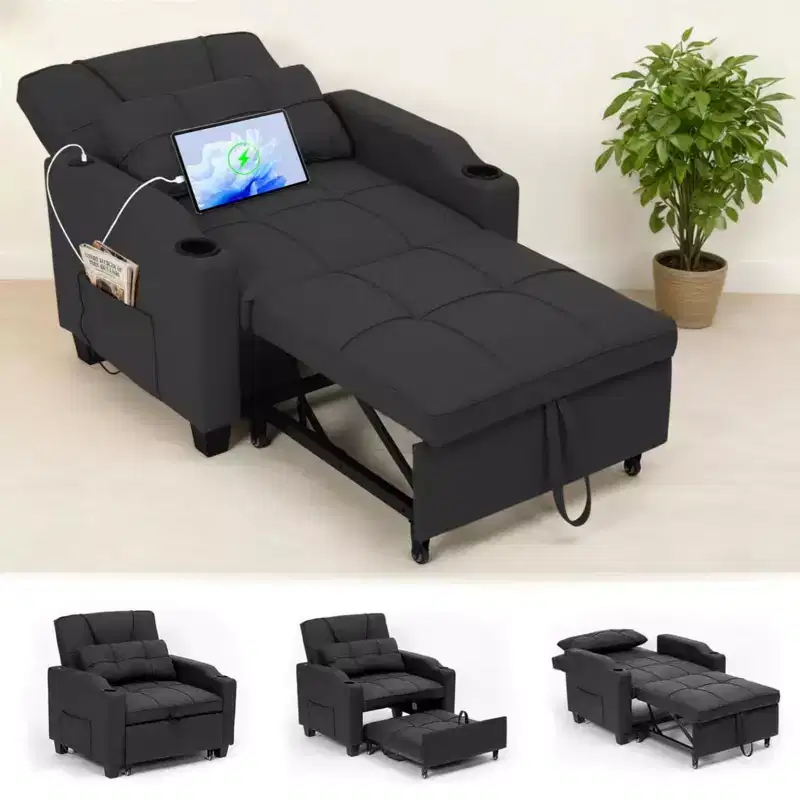 3-in-1 USB-Massage Convertible Sofa Bed, 110-180° Recliner, Cup Holders, Side Pockets, 380 lbs Capacity