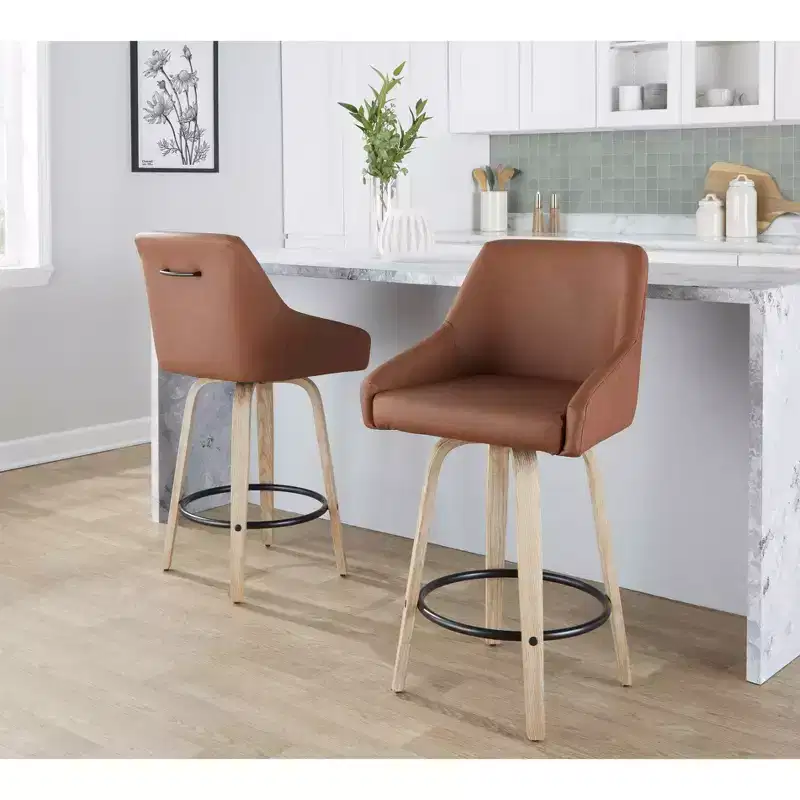 LumiSource Set of 2 Hannah Counter Height Barstools Whitewashed Wood