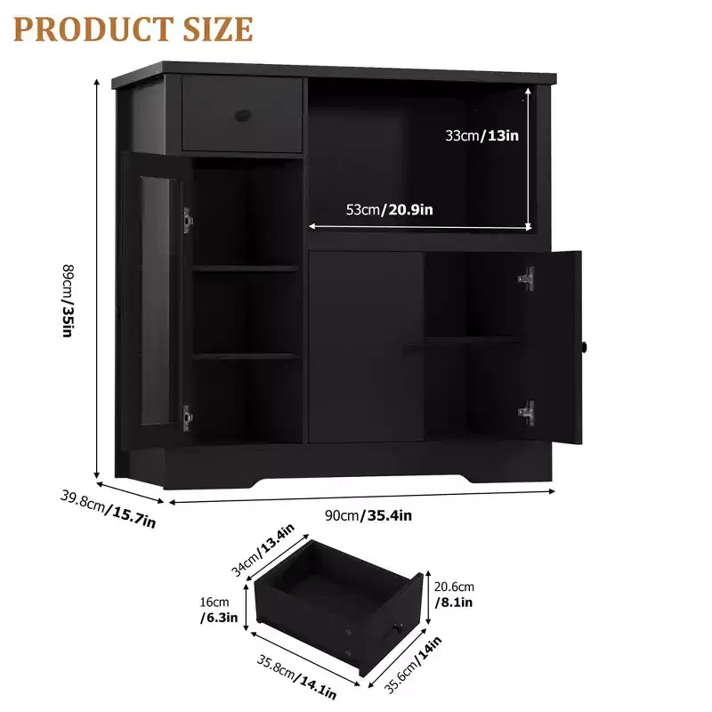 Buffet Storage Cabinet Sideboard with 3 Doors, 1 Drawer and Adjustable Shelves for Kitchen, Dining Room, Living Room and Hallway in Black