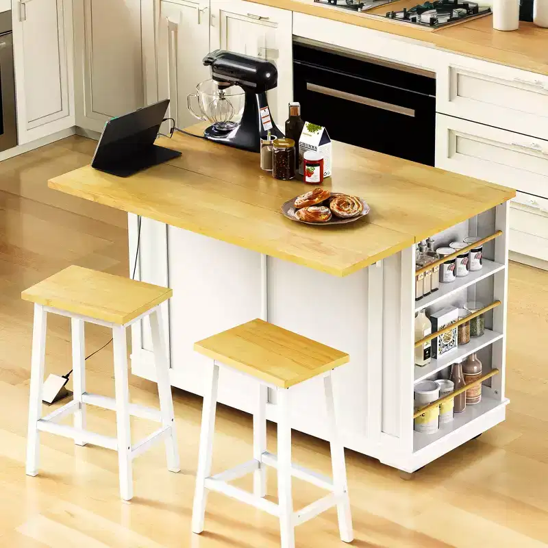 Kitchen Island with Drop Leaf, Power Outlet, 5 Wheels and 5 Open Side Racks, White