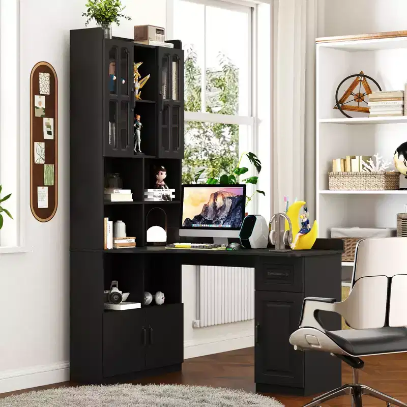 L-Shaped Corner Desk with Hutch, Bookshelf, 4 Cabinets & 1 Drawer, 2-in-1 Home Office Study Desk – 55.1