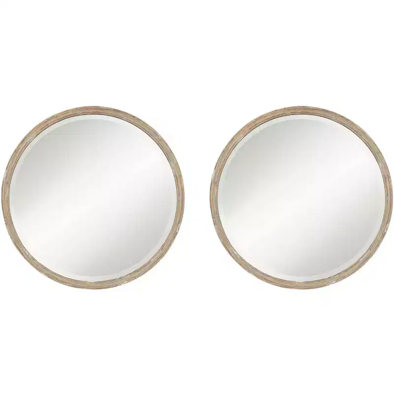Grey Faux Wood Round Wall Mirror, Farmhouse Style, Set of 2