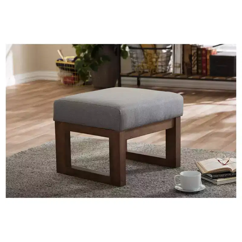 Gray Polyester Upholstered Ottoman Stool, Walnut Wood Base, Seats 1