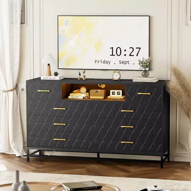 Acekool 8-Drawer White Dresser with Power Outlet and USB Ports, Large Bedroom Chest with Deep Drawers and Modern Gold Handles