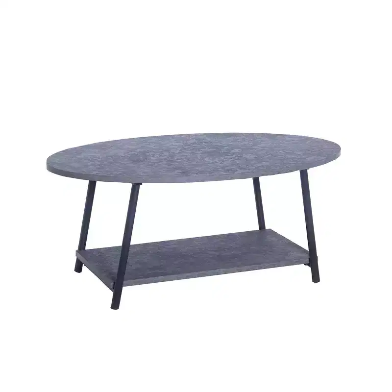 Jamestown Oval Coffee Table with Storage Shelf Rustic Slate Concrete and Black Metal