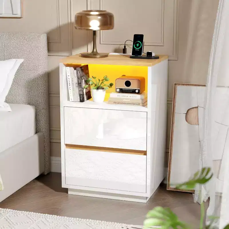 White Nightstand with Charging Station, High Gloss LED Night Stand with Drawers, End Table
