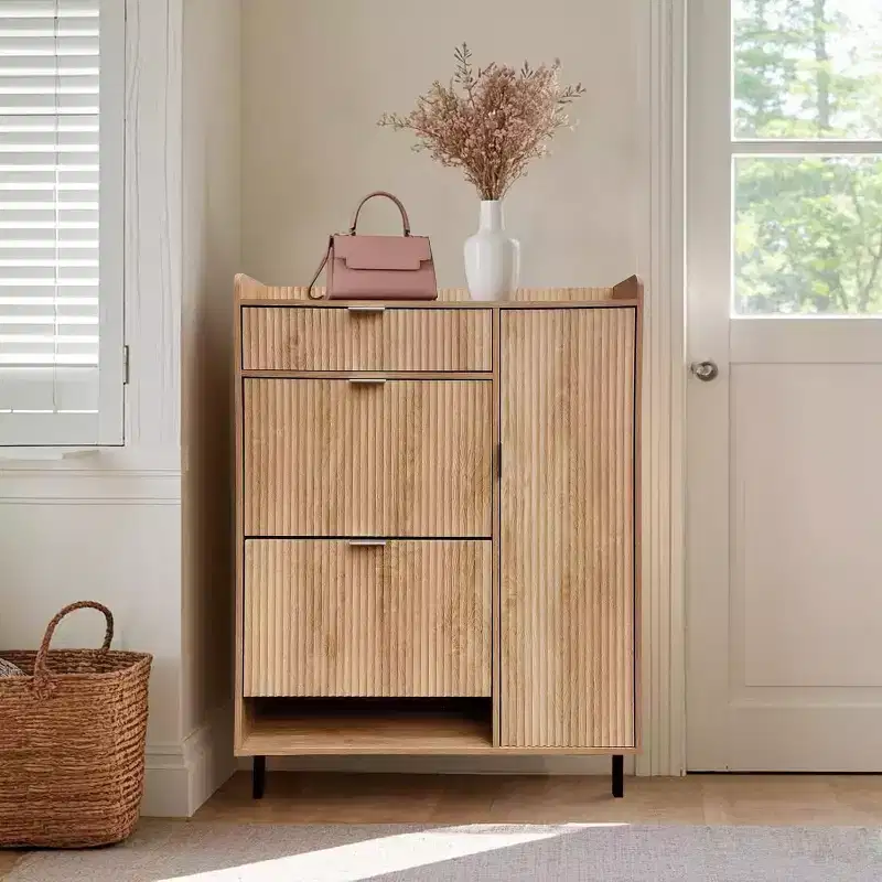 Wave Pattern Shoe Cabinet with Double Trays & Drawer Narrow Oak Shoe Storage with Metal Legs for Entryway