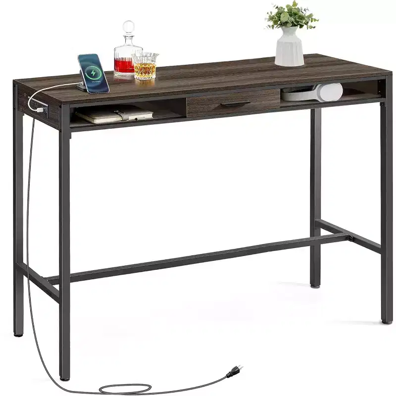 Bar Table with Power Outlet, 39.3 Inches Bar Height Pub Table, Rectangular Storage Kitchen Table with Movable Drawer, 2 Hooks, Narrow High Top Table