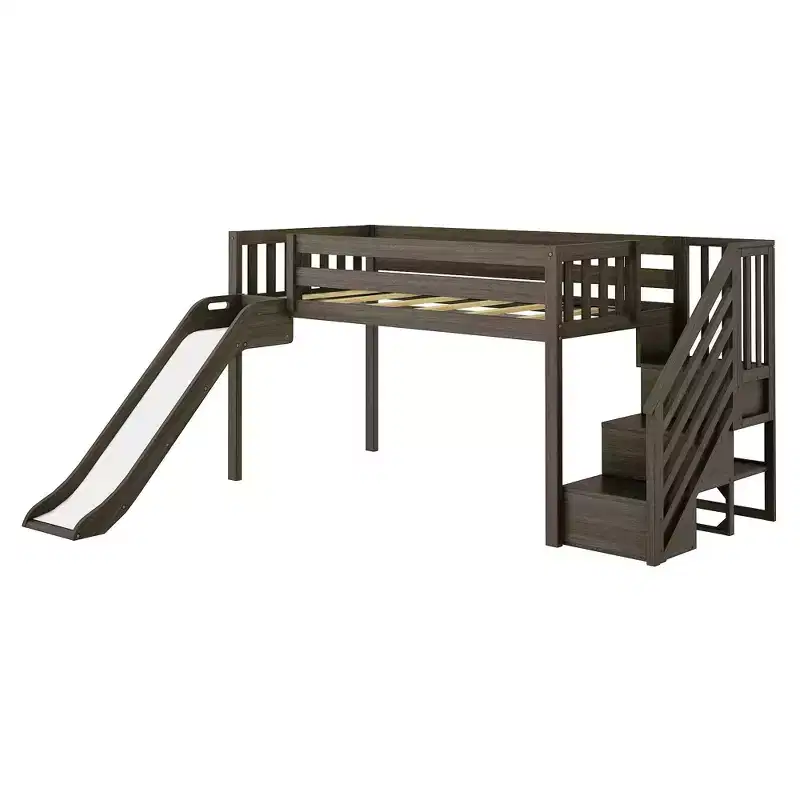 Kids Twin Low Loft Bed with Slide & Stairs, Solid Wood, 14