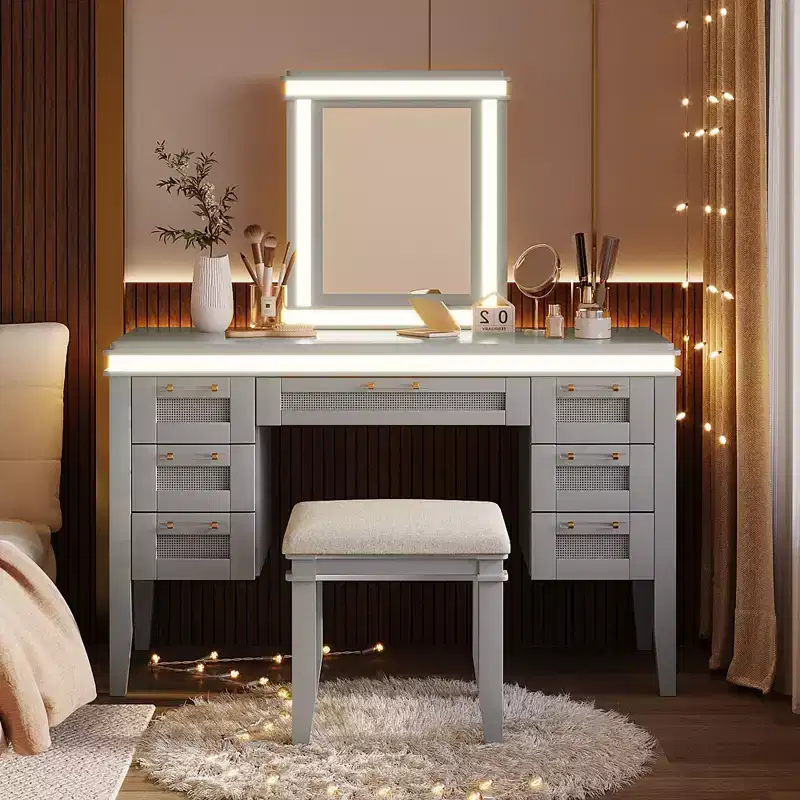 48-Inch Modern Makeup Vanity Desk with Lighted Mirror, 7 Drawers, Matching Stool for Bedroom, Greyblue Finish, Dimmable Lighting