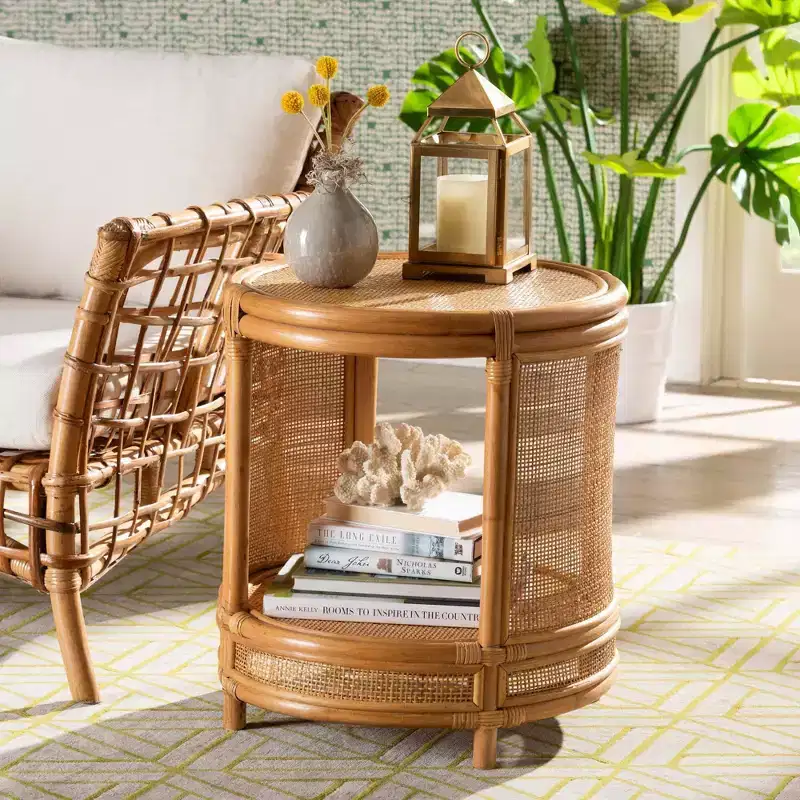 Round Rattan End Table in Light Honey – No Assembly Required