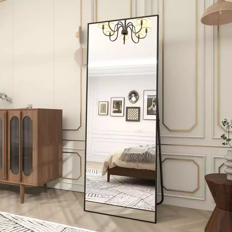 Rectangle Full Length Floor Mirror, Leaning Design, Black/Gold