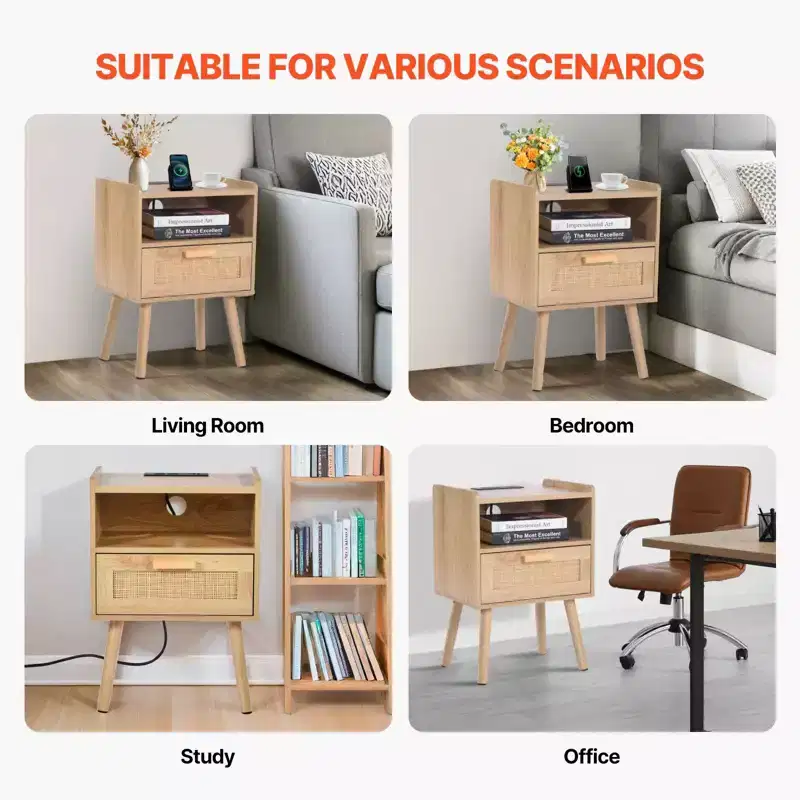 Rattan Nightstand End Table with Drawer and Open Shelf Boho Bedside Table