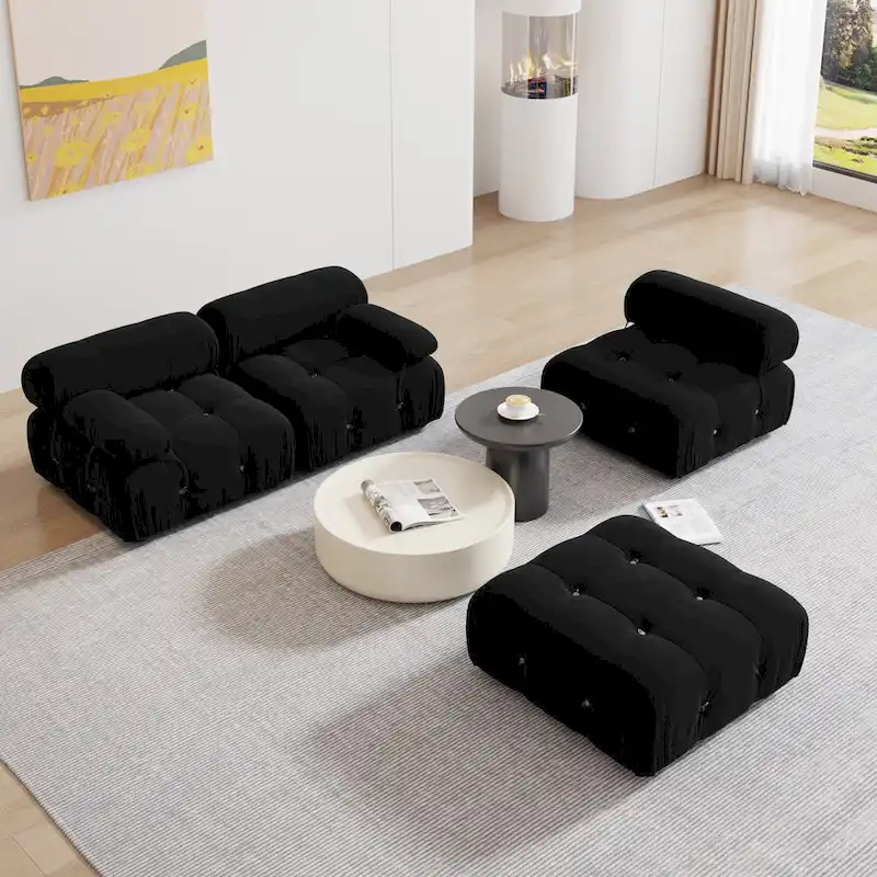 Black Velvet Upholstered Sectional Sofa