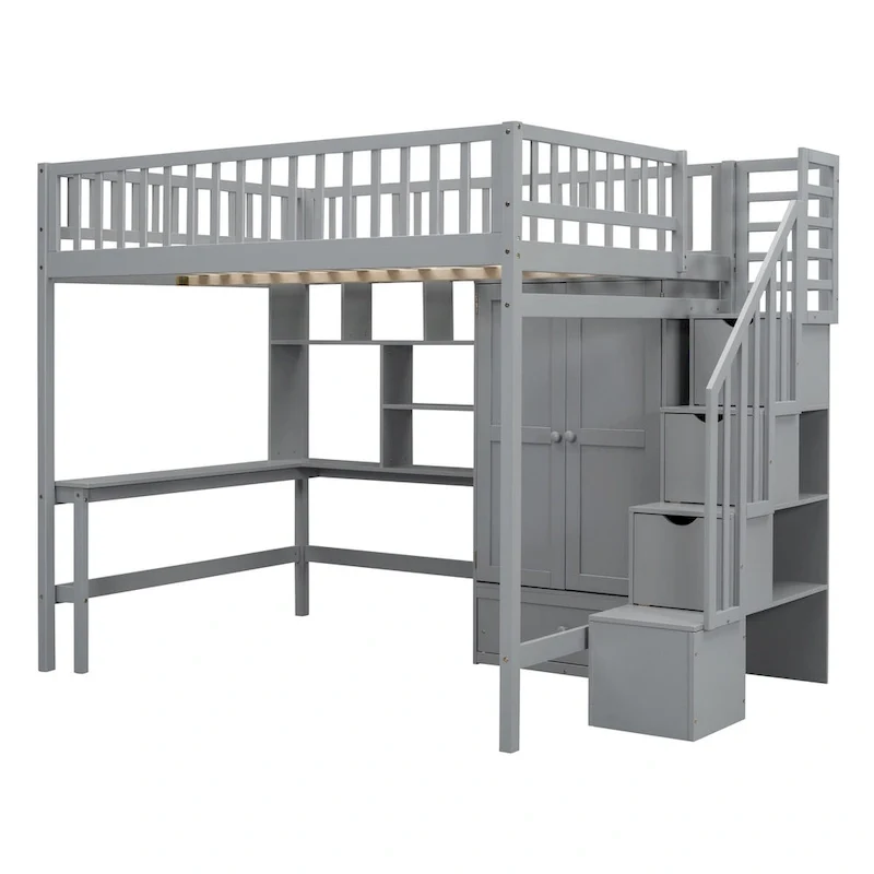 Full Loft Beds Stairway Loft Bed Frame with Wardrobe, Desk, Bookshelf and Drawers