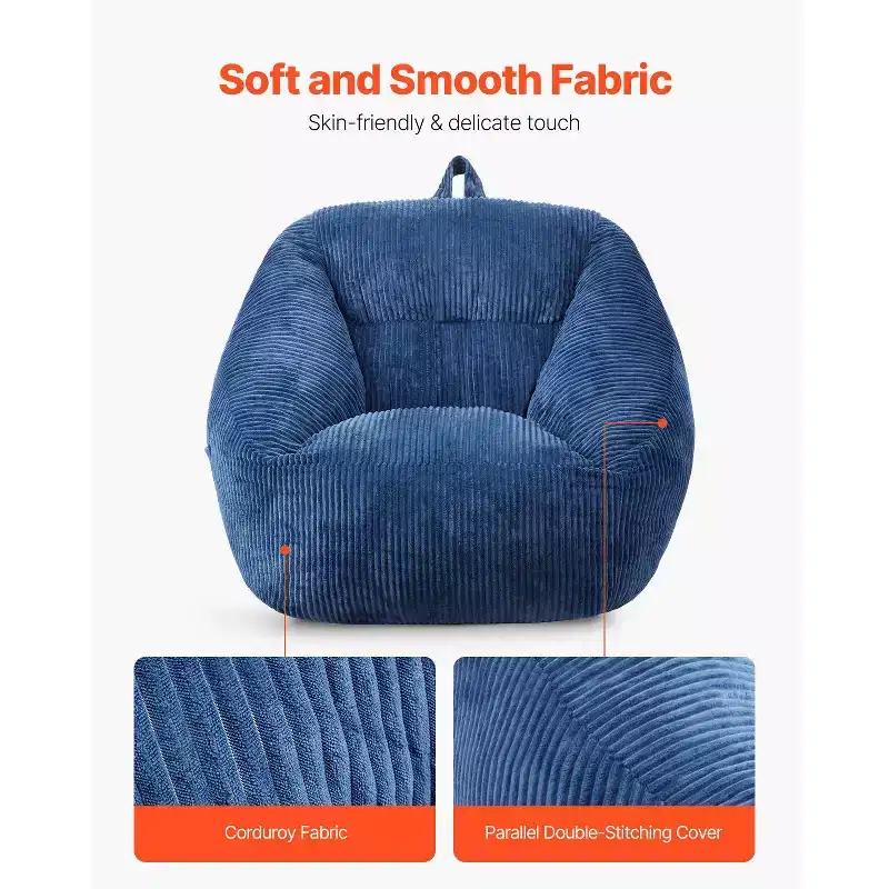3-Feet Bean Bag Chair with Soft Armrests and Storage Pocket, 25D Memory Foam, Teddy Velvet Cover, Blue