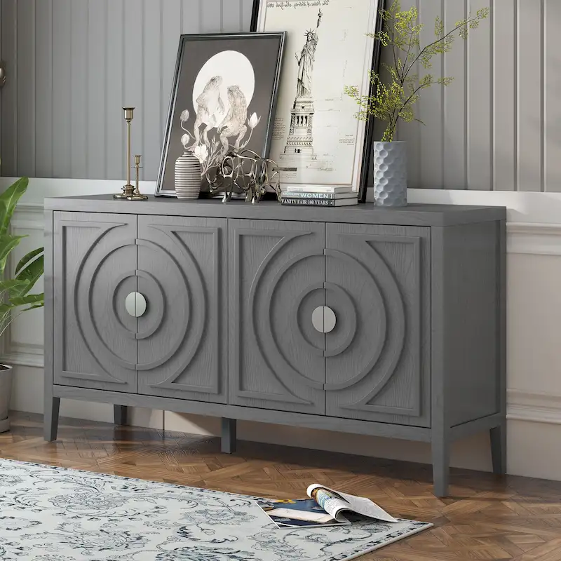 4-Door Retro Sideboard Cabinet with Circular Groove Design and Round Metal Handles