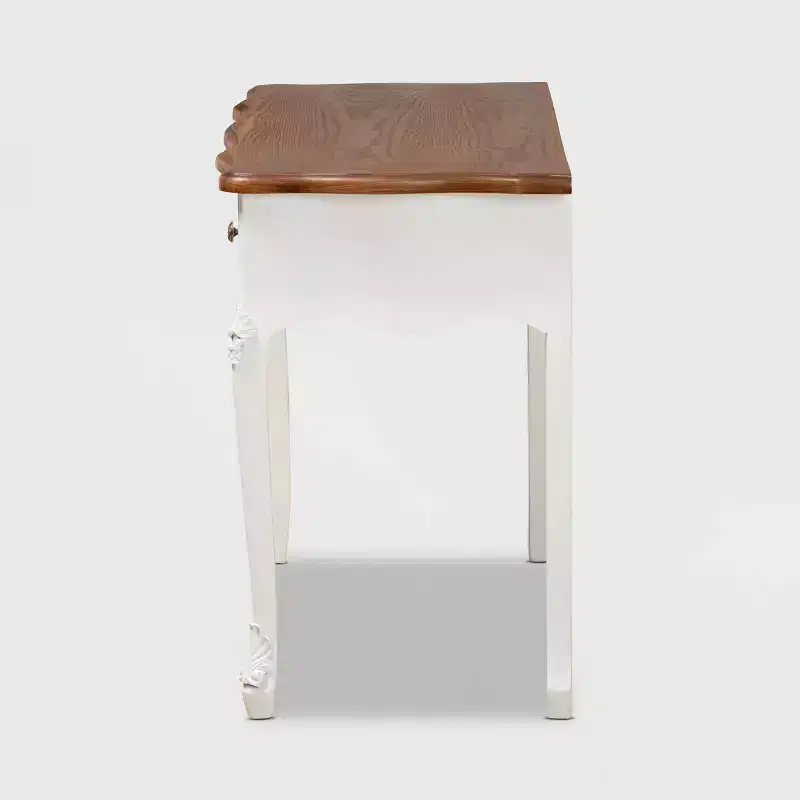 Sophie Small 3 Drawer Console Table: Carved Detail, Brass Knobs - Baxton Studio