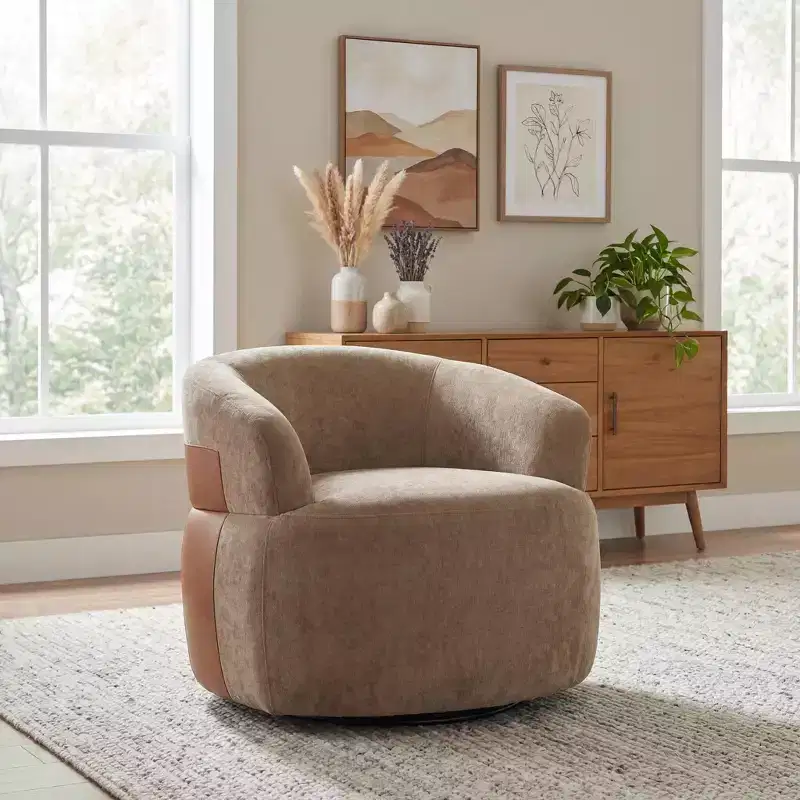 Modern Swivel Accent Chair, Barrel Design, Wood Frame and Metal Legs