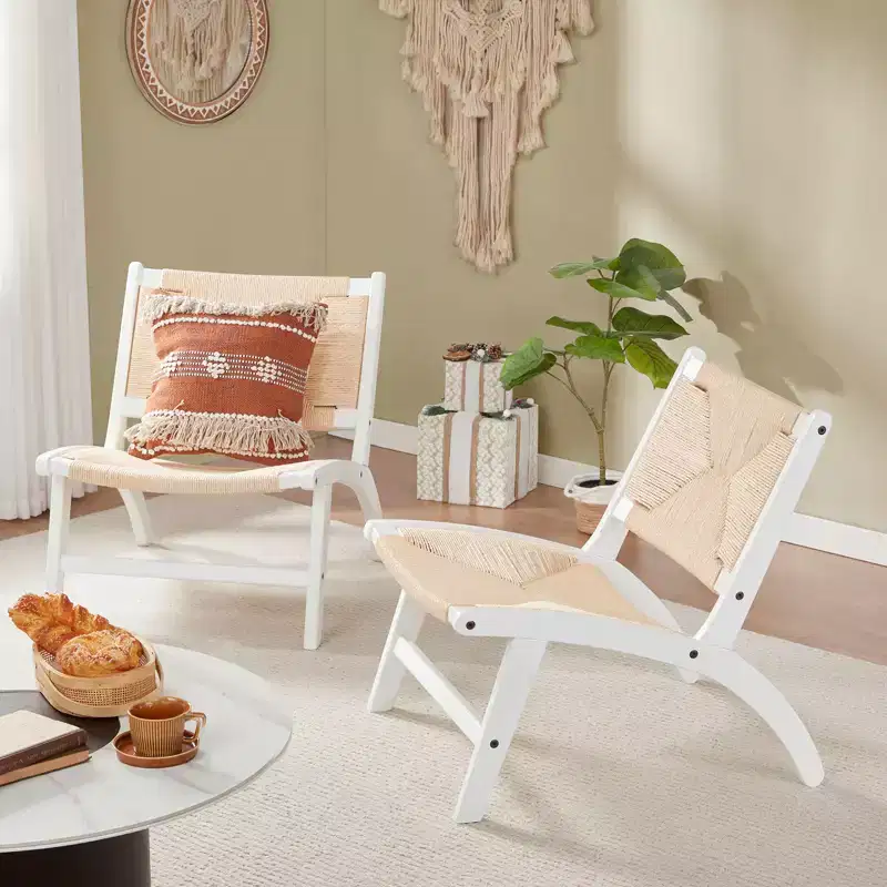 Scandinavian Woven Paper Rope Accent Chair, Solid Hardwood Frame, Armless Lounge Chair
