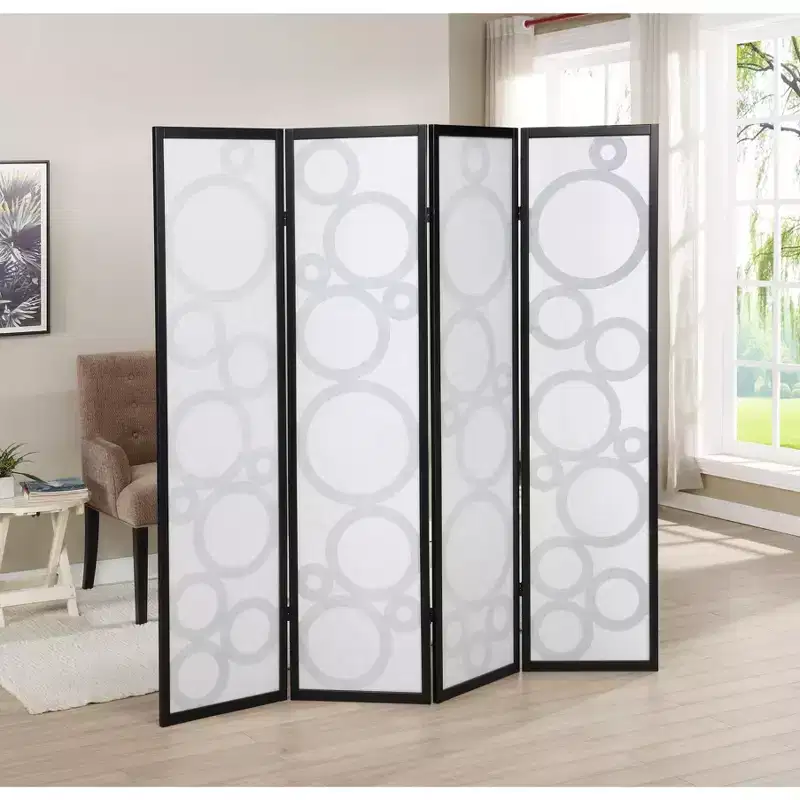 Arvada 4-Panel Wood Room Divider with Circle Pattern, Black