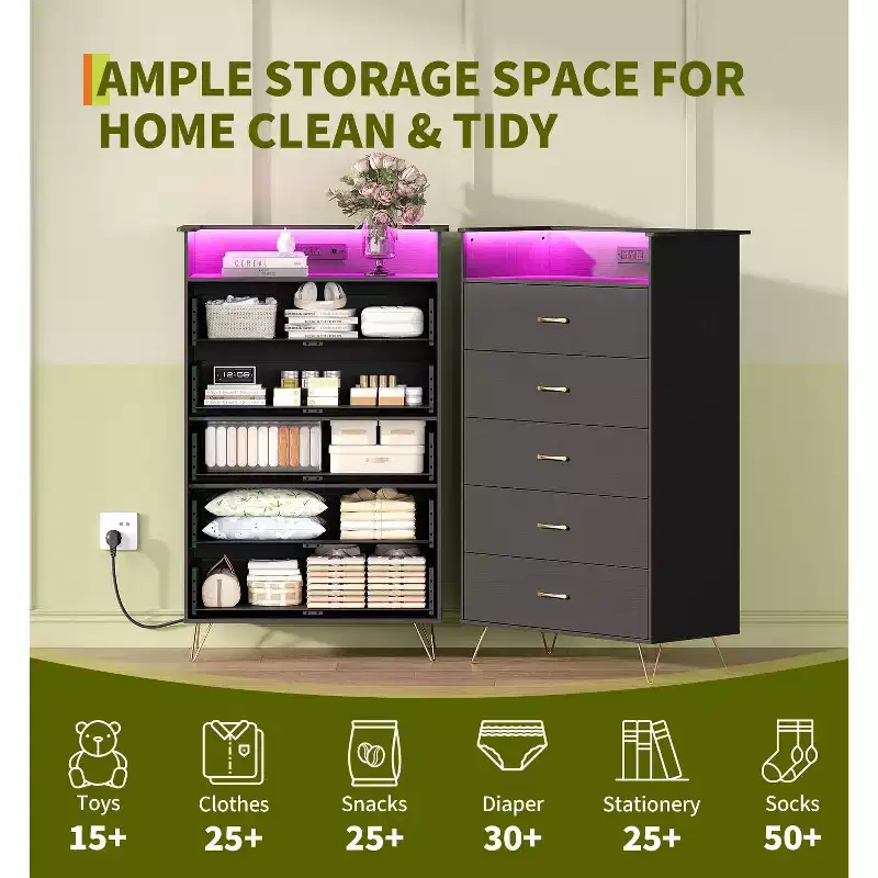 Modern 5 Drawer Tall Dresser - Wooden Chest, Silent Slides - Spacious Bedroom Storage Cabinet , Sturdy Anti-Tip