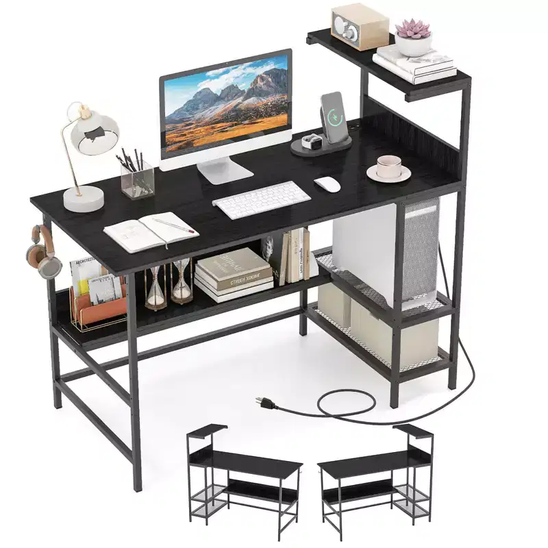 Costway 48 Computer Desk with Power Outlets, Storage Shelves, Headphone Hook for Gaming Rustic Brown/White/Pink/Black