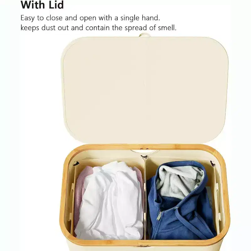 Laundry Hamper 2-Compartment with 2 Removable Bags, 160L Collapsible Basket with Lid and Bamboo Handles