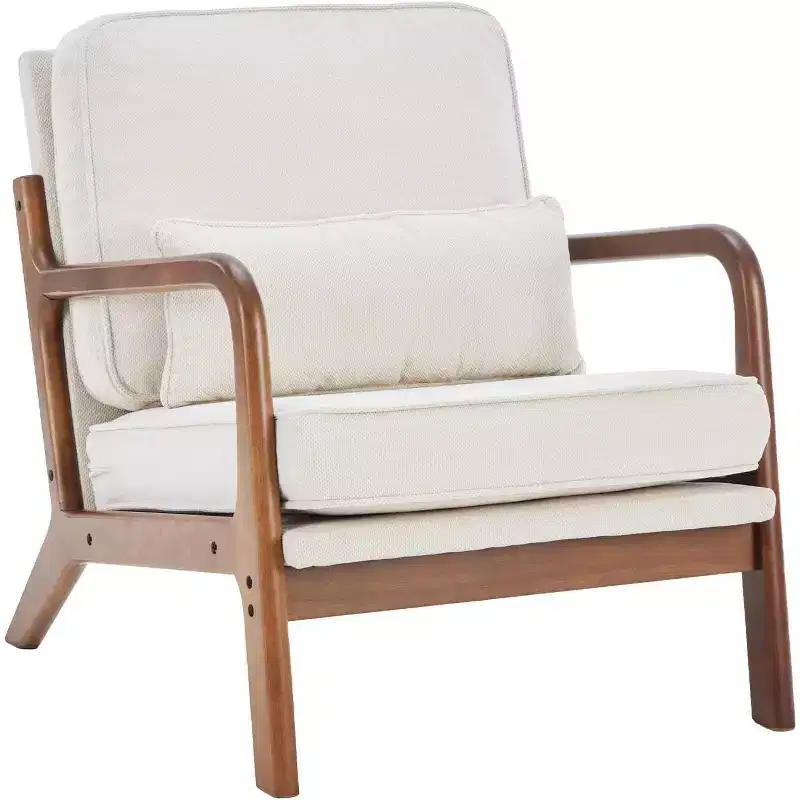 Summit Adventure Mid Century Modern Accent Chair with Arms Waist Cushion Solid Wooden Frame Cream Lounge Chair