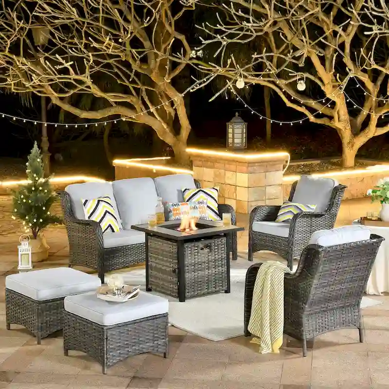 OVIOS Grey Wicker 6-piece Patio Furniture Set With 30 Fire Pit