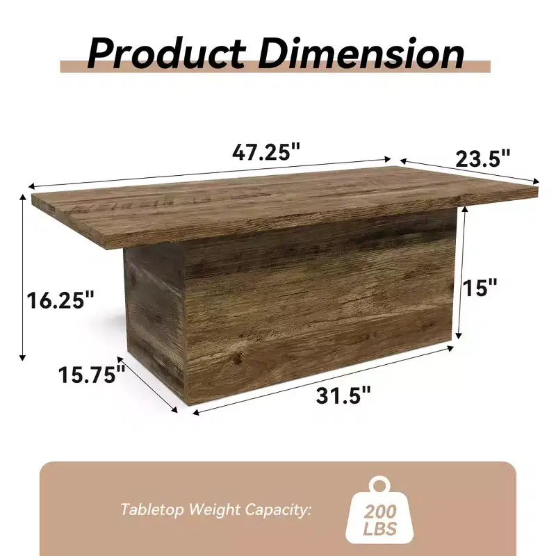 Rectangular Coffee Table, 47.25-Inch Modern Solid Wood Medium Coffee Table, Wooden Farmhouse Rustic Cocktail Coffee Table
