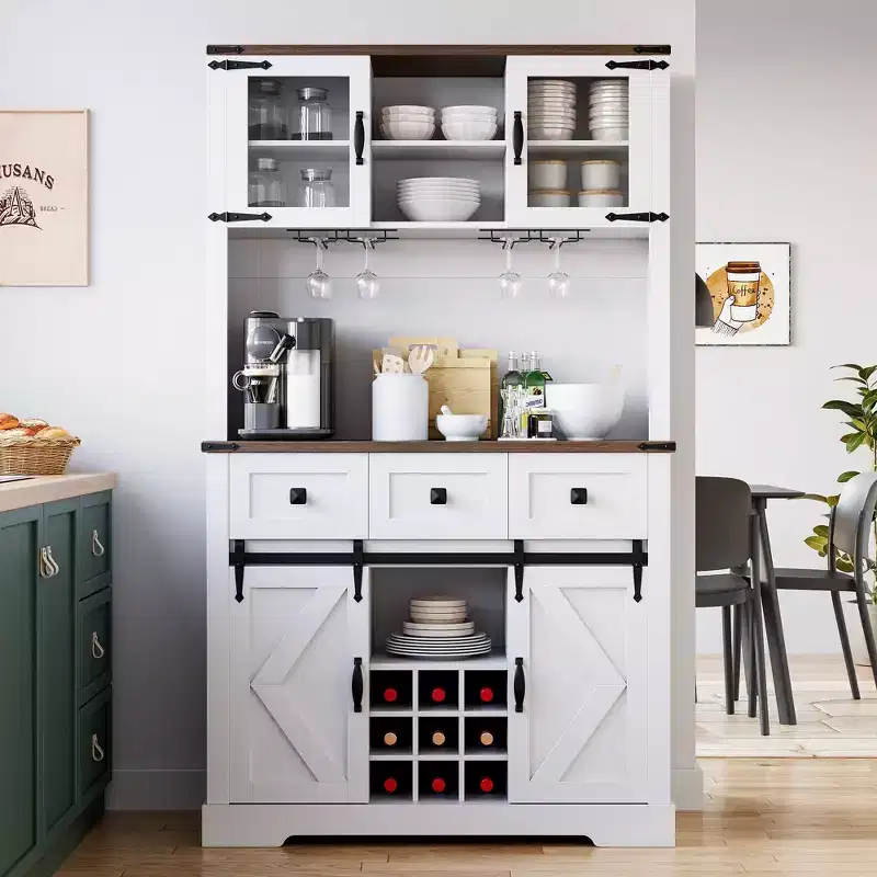 72-Inch Tall Coffee Bar Cabinet, 2 Sliding Barn Doors, 3 Drawers, Wine & Glass Rack, Pantry Storage
