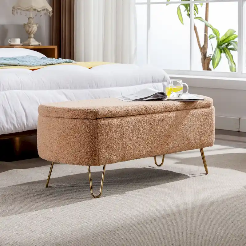 Faux Fur Entryway Bench Padded with Storage
