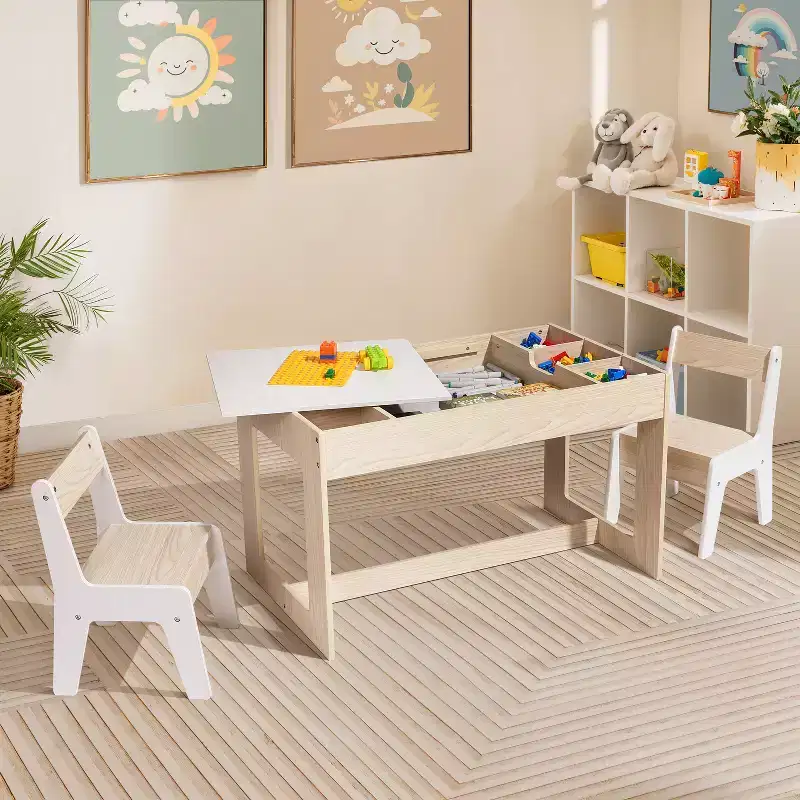 LuxenHome Drawing and Activity Board Children Table with 2 Chairs Set Brown