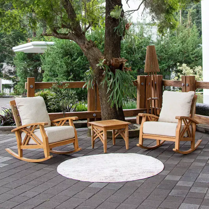 Sonoma Lane Eola 3pc Teak Outdoor Rocker Conversation Set with Tan Zippered Cushions - Weather-Resistant
