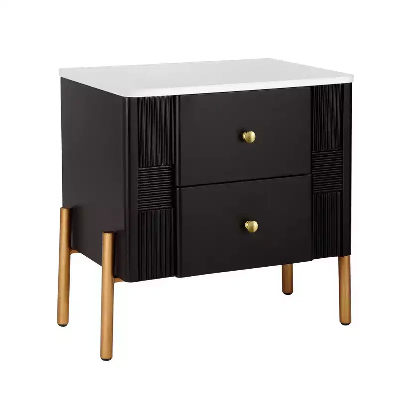 Modern Minimalist Nightstand with 2 Drawers, Gold Handles & Textured Design