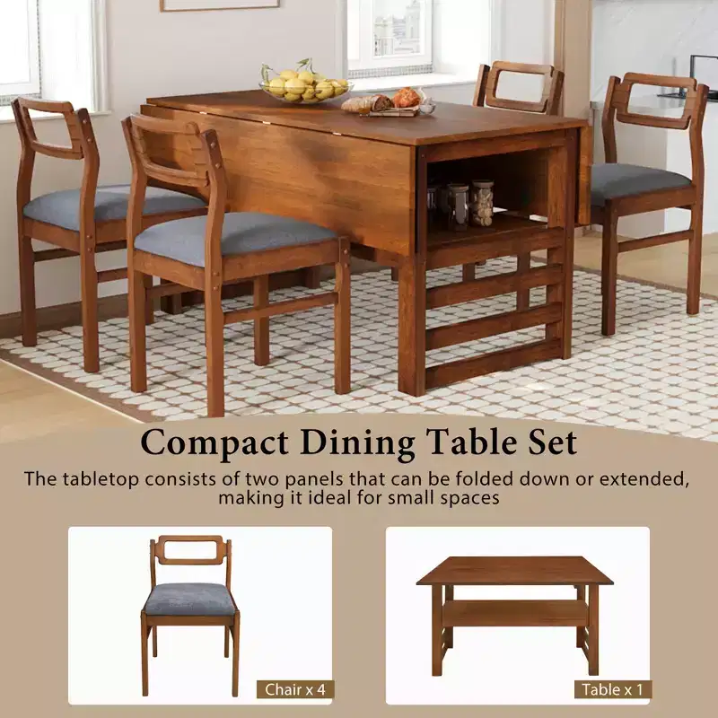 ModernLuxe 5 PCS Extendable Dining Table Set for 4, Dining Set Dinette Kitchen Table Set with Drop Leaves, Storage Shelf, 4 Upholstered Chairs