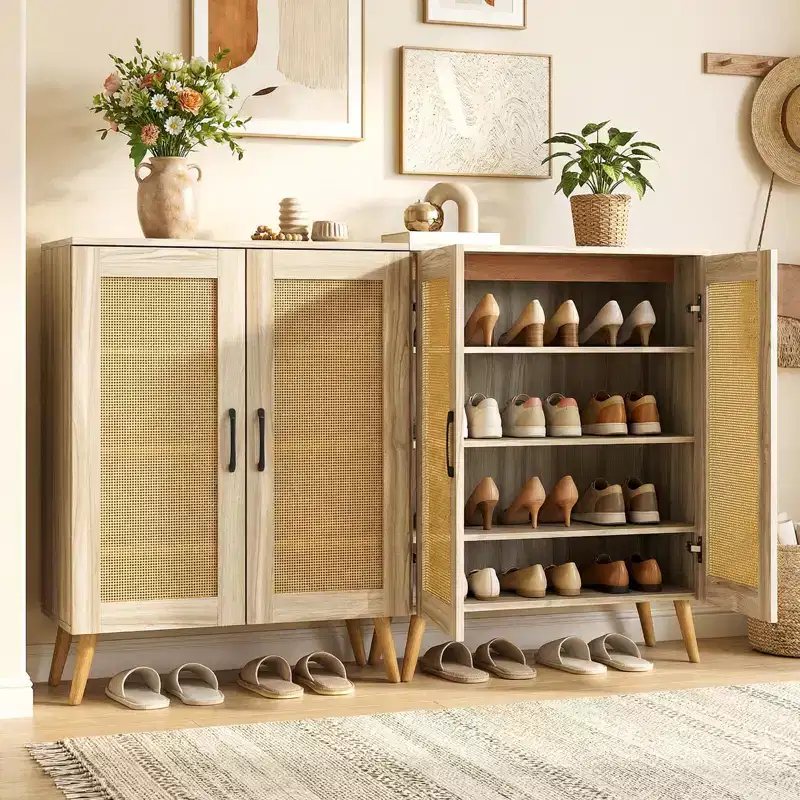 Costway Rattan Shoe Cabinet with 3 Removable Shelves,5-Tier Narrow Cabinet Wood Legs, Walnut/Natural