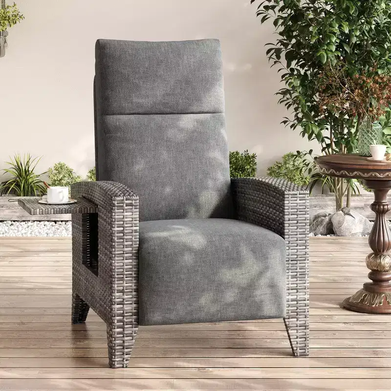 Wicker Recliner Chair with Adjustable Back & Footrest,150 Lay Flat Rattan Reclining Patio Chair with Extendable Side Table & Air Pump