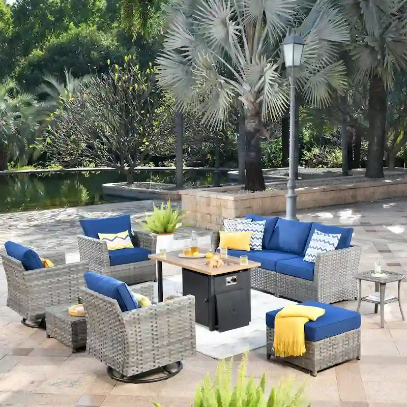 OVIOS 10-Piece Patio Wicker Conversation Rocking Chair Set With Fire Table
